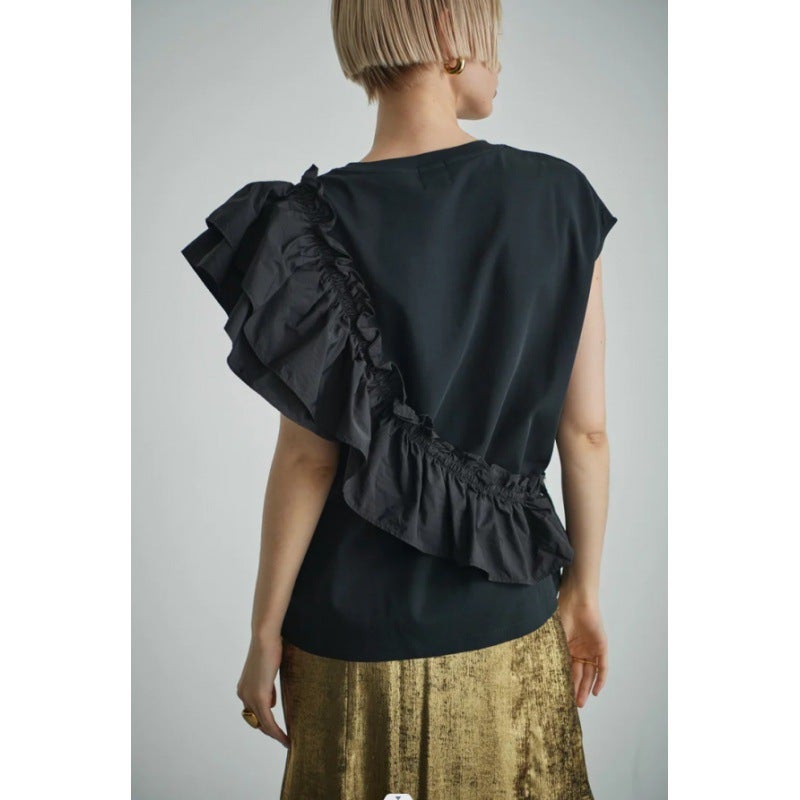 Multiplication Irregular Ruffled Flying Sleeve Top Fashion Women'S Pure T-Shirt Short Sleeve Top - Image 4
