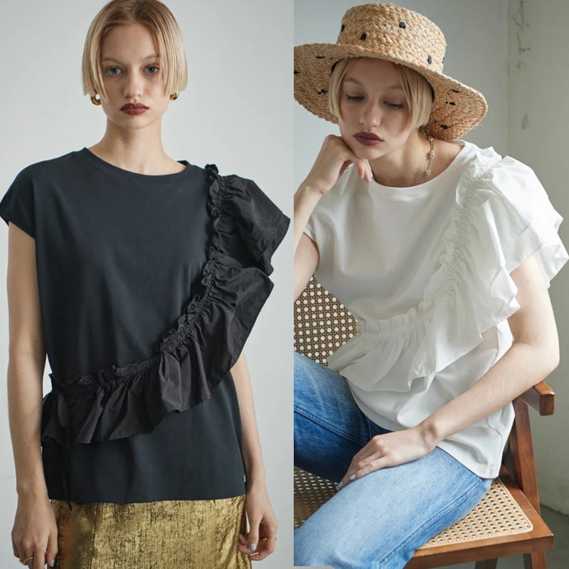 Multiplication Irregular Ruffled Flying Sleeve Top Fashion Women'S Pure T-Shirt Short Sleeve Top - Image 2
