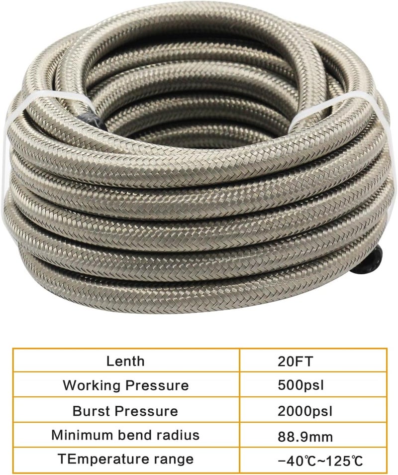WnSEu 6AN 20FT PTFE Fuel Line Hose Kit with Fittings - Stainless Steel - Image 2