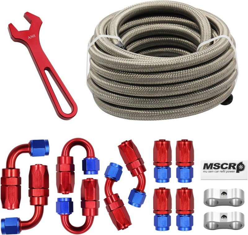 WnSEu 6AN 20FT PTFE Fuel Line Hose Kit with Fittings - Stainless Steel - Image 1
