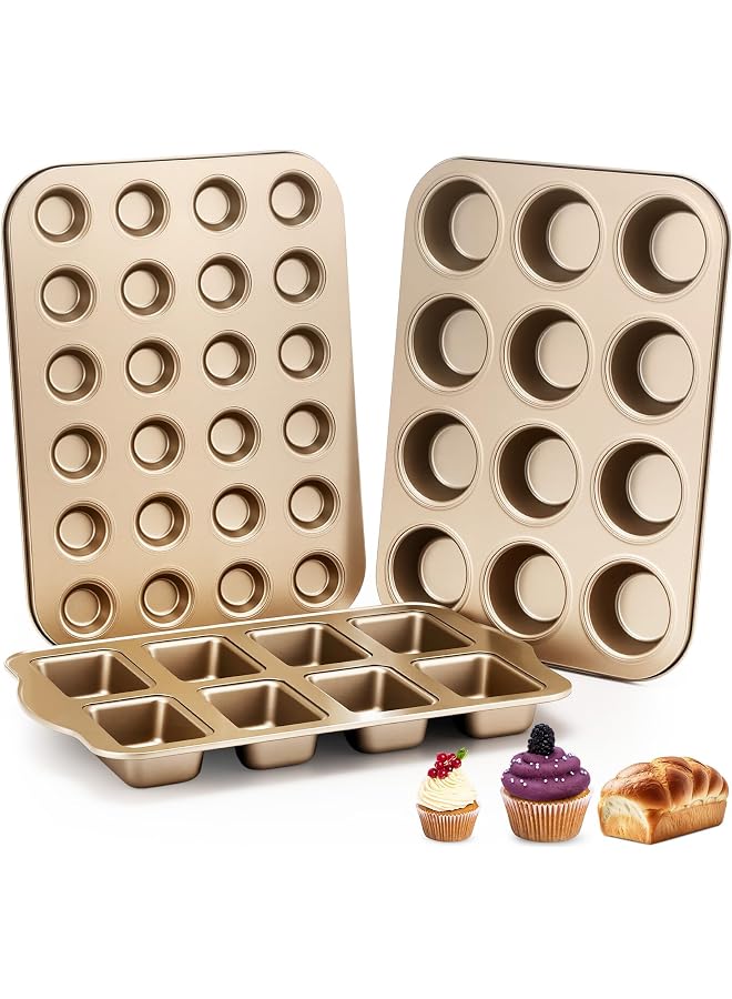 3 Pack Mini Muffin Pan Set, Nonstick Carbon Steel Cupcake Baking Trays with 8-Cavity, 12-Cup & 24-Cup Muffin Tins, Easy-Release Bakeware for Brownies, Cupcakes, and Desserts (Gold)