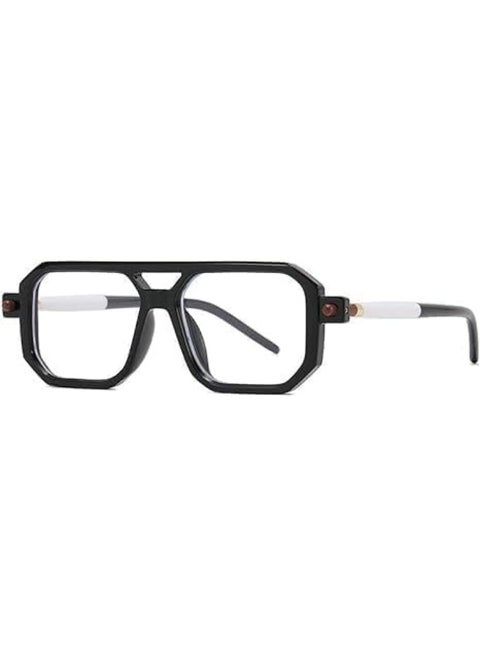 Square-shaped glasses with a black frame and white arms, in a modern design.