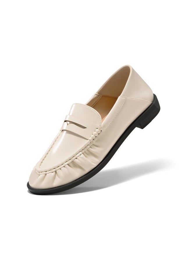 Coutgo Penny Loafers for Women Comfortable Slip on Shoes Collapsible Heel Closed Toe Dressy Casual Work Flats, Beige, 9 - Image 1
