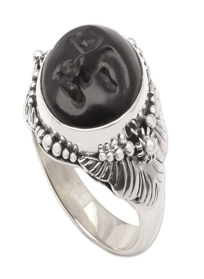 NOVICA Artisan Handmade Ebony Cocktail Ring Crafted Wood Silver Sterling Indonesia [crownbezel 0.3 in H x 0.6 in Diam. Band Width 0.2 in W] ' Amun Ra' - Image 1