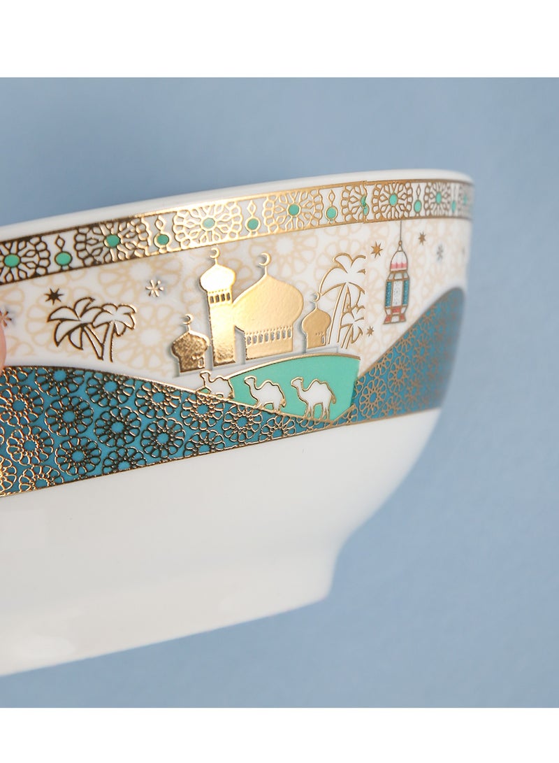 طقم 6 أطباق شوربة سيراميك بتصميم رمضان، للحبوب، الأرز، المعكرونة، السلطة، الشوفان، تصميم حواف سميكة غير قابلة للانزلاق مع تصاميم رمضان، لون ذهبي وأبيض H-7 سم، W-11 سم، L-11 سم (صغير) | أخضر - Image 2