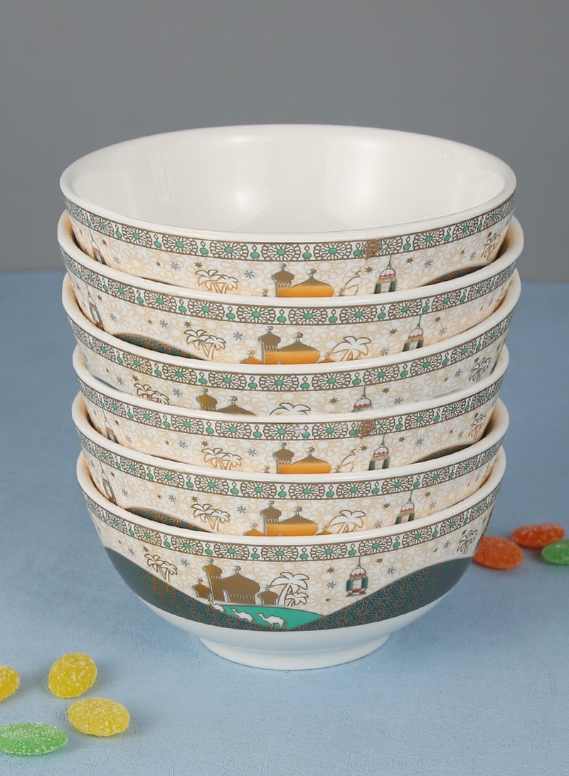 طقم 6 أطباق شوربة سيراميك بتصميم رمضان، للحبوب، الأرز، المعكرونة، السلطة، الشوفان، تصميم حواف سميكة غير قابلة للانزلاق مع تصاميم رمضان، لون ذهبي وأبيض H-7 سم، W-11 سم، L-11 سم (صغير) | أخضر - Image 4
