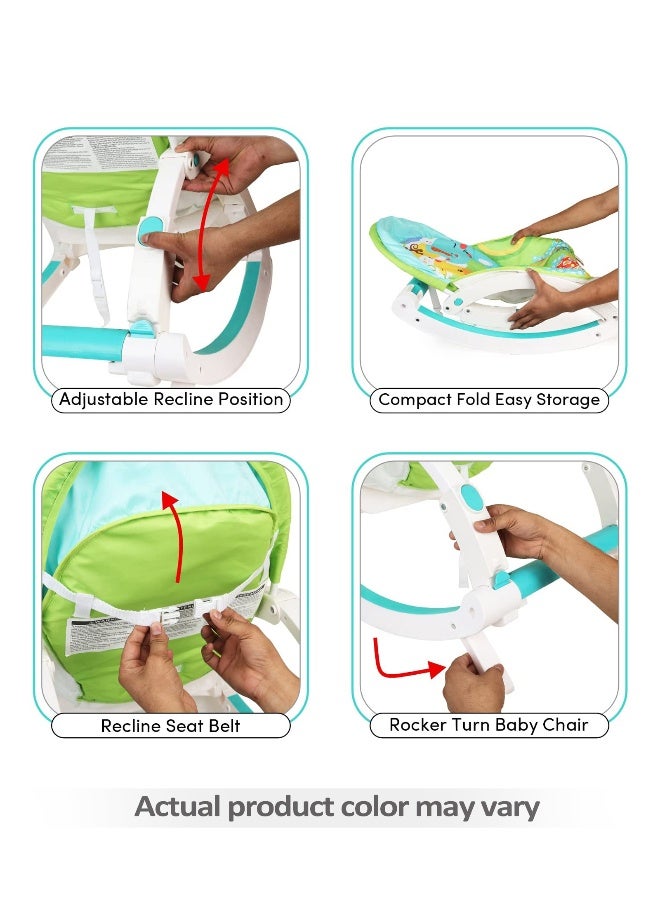 PlayNation Play Nation Newborn To Toddler 2-in-1 Portable Baby Rocker, Giraffe Print, With Food Tray, 5-Point Safety Harness, Detachable Toy Bar, 0 Months+, 65 x 50 x 62cm - Green - Image 3