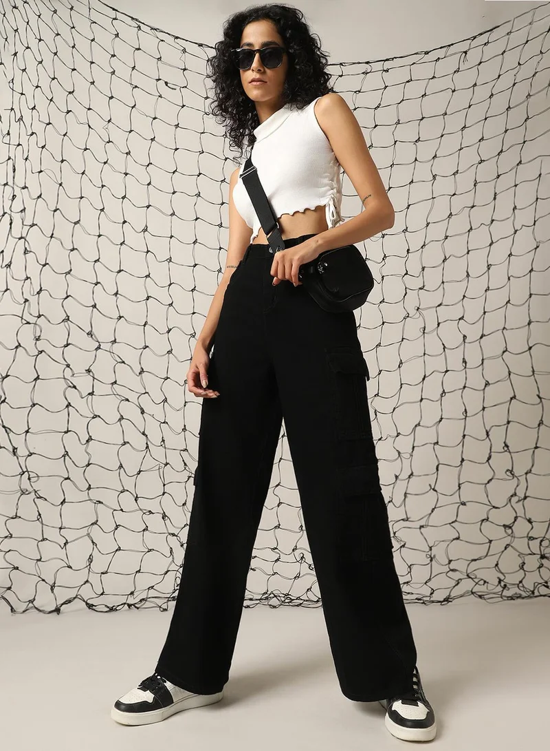 Women's Black 100% Cotton Distressed Full Length Cargo Baggy Fit Jeans