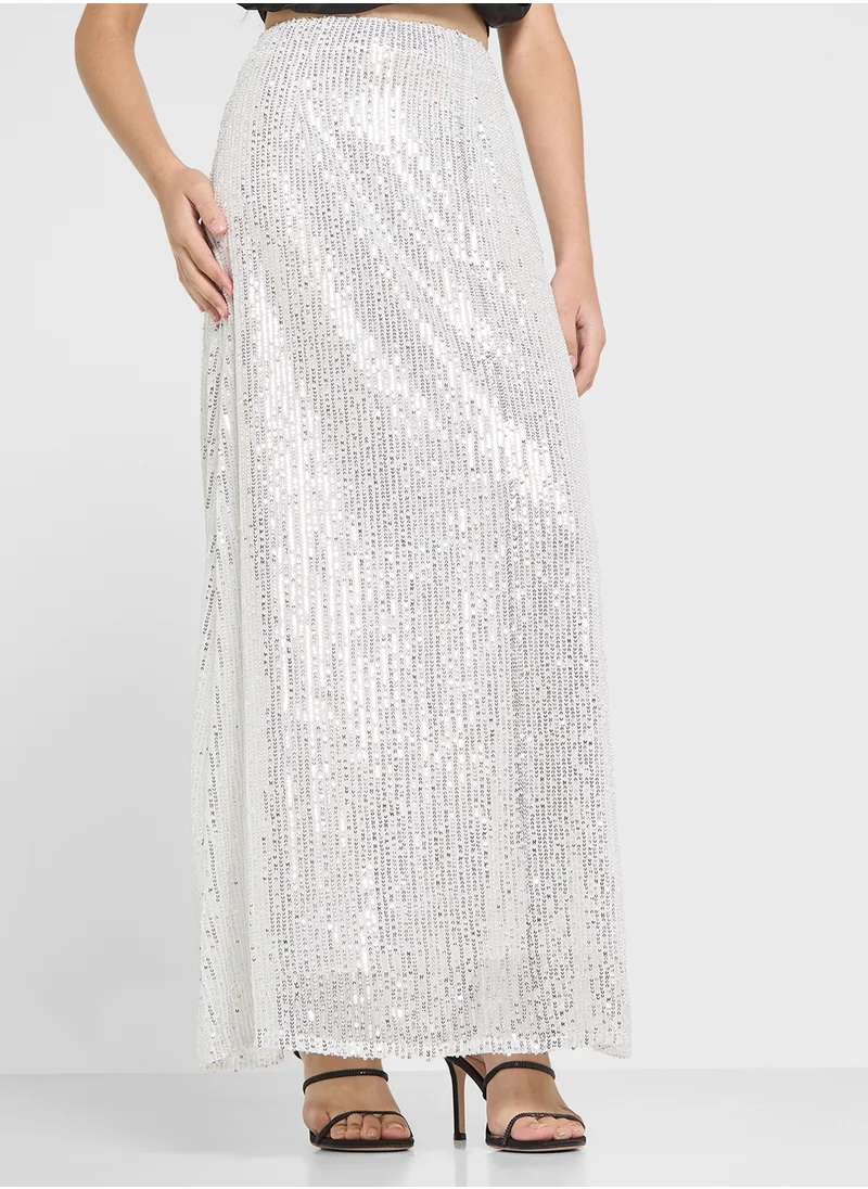 جينجر Sequin Maxi Skirt In Silver