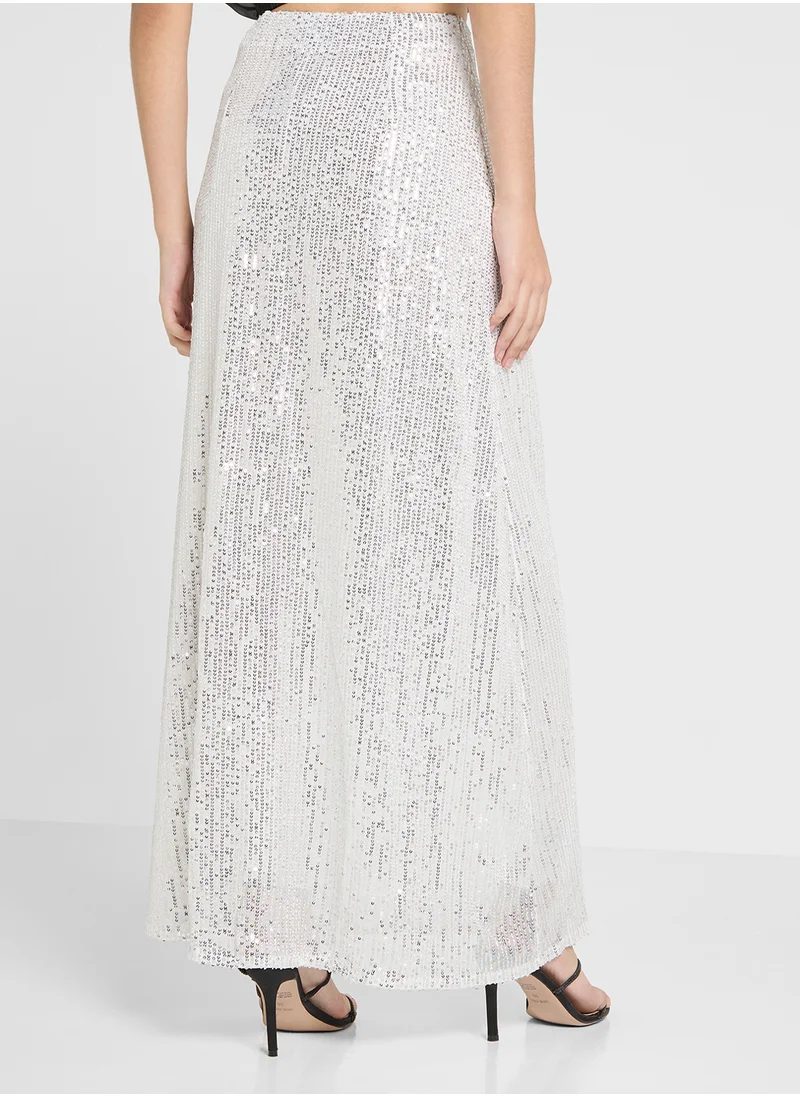 جينجر Sequin Maxi Skirt In Silver