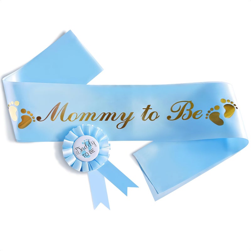 Baby Shower Sash for Mommy Blue Glossy Satin with Gold Glitz Letters Mom to Be Baby Shower Decorations Boy for Cute Appearance Mommy to Be Sash with Dad to Be Pin Gender Reveal Party Gifts
