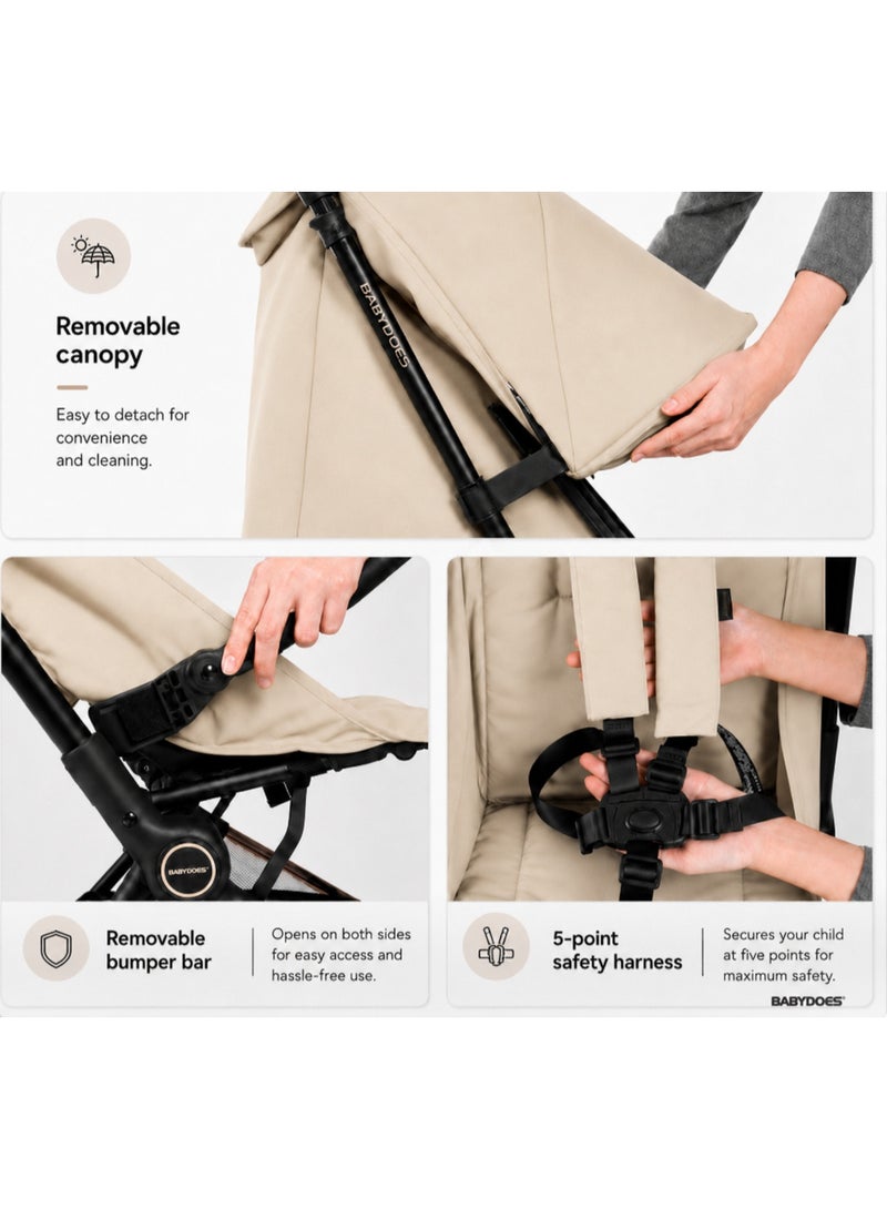 Babydoes iFold - Ultra-lightweight stroller, Cabin-Size Approved, Quick Fold, 5-Point Harness, 0 to 3 Y (22 kg), Beige - Image 5