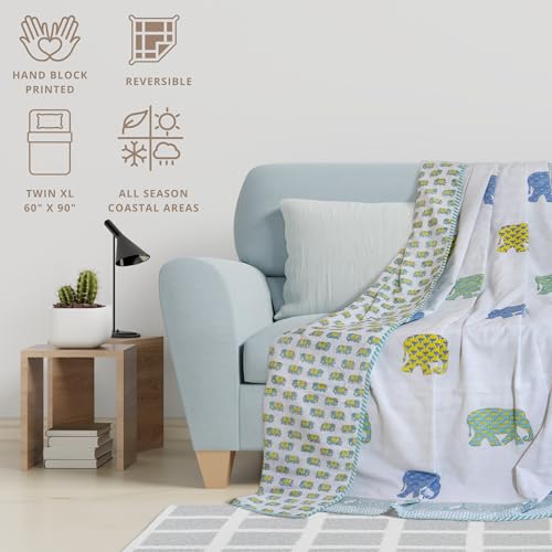 TOAIArt Premium Jaipuri Dohar | AC Blanket Summer Quilt | Hand Block Printed | 3 Layers | Reversible | 150GSM 100% Mulmul Cotton | 100% Cotton Flannel Filling | Single 60" X 90" | Multicolor Elephant - Image 4