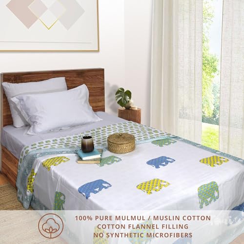 TOAIArt Premium Jaipuri Dohar | AC Blanket Summer Quilt | Hand Block Printed | 3 Layers | Reversible | 150GSM 100% Mulmul Cotton | 100% Cotton Flannel Filling | Single 60" X 90" | Multicolor Elephant - Image 2
