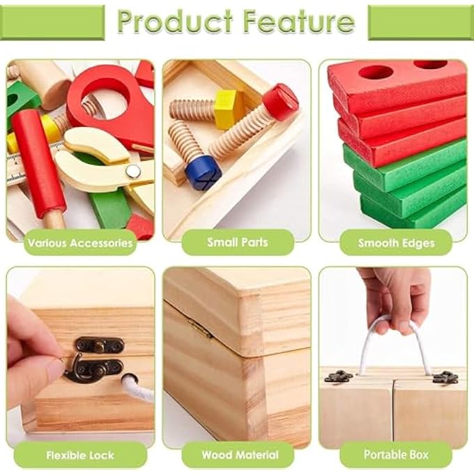WOODEN TOOL BOX CARRYCASE PRETEND ROLE PLAY CARPENTER ASSEMBLY TAKE APART CONSTRUCTION TOYS FOR KIDS - Image 4