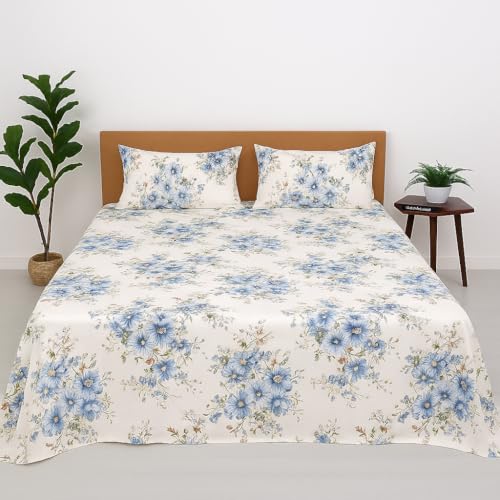 Bhoomi Impex King Size Bedsheet – Bluebell Bloom Print – Ultra Soft & Breathable Microfiber – 102 x 108 Inches – Flat Sheet with 2 Pillow Covers – Wrinkle-Free, Skin-Friendly Summer Bedding - Image 1