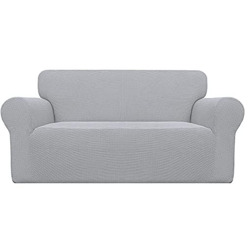 غطاء أريكة كبير الحجم سهل الاستخدام بقطعة واحدة لحماية الأثاث مع قاعدة مرنة للأطفال من قماش بوليستر سباندكس جاكار بفحصات صغيرة رمادي فضي