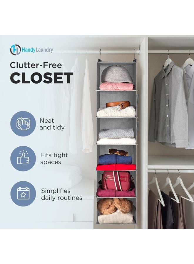 Handy Laundry Hanging Closet Organizer - 6 Shelf - Storage Shelves for Clothes and Sweater Organization. Six Tier Dorm Room Shelving Organizers with Hanger for Clothing Drawers (Grey) - Image 2