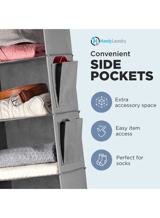 Handy Laundry Hanging Closet Organizer - 6 Shelf - Storage Shelves for Clothes and Sweater Organization. Six Tier Dorm Room Shelving Organizers with Hanger for Clothing Drawers (Grey) - Image 5
