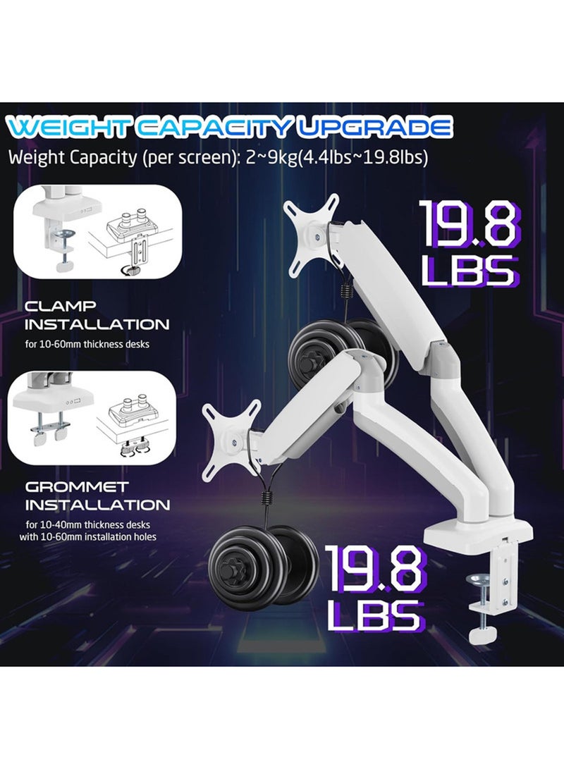 GAMEON GO-5450 Dual Monitor Arm for Gaming and Office Use, Supports 17" - 32” Flat and Curved Screens, Each Arm Up to 2-9 KG, Toolless Tilt, Swivel, 360° Rotation, Built-in Cable Management White - Image 5