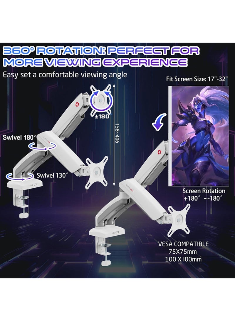 GAMEON GO-5450 Dual Monitor Arm for Gaming and Office Use, Supports 17" - 32” Flat and Curved Screens, Each Arm Up to 2-9 KG, Toolless Tilt, Swivel, 360° Rotation, Built-in Cable Management White - Image 3
