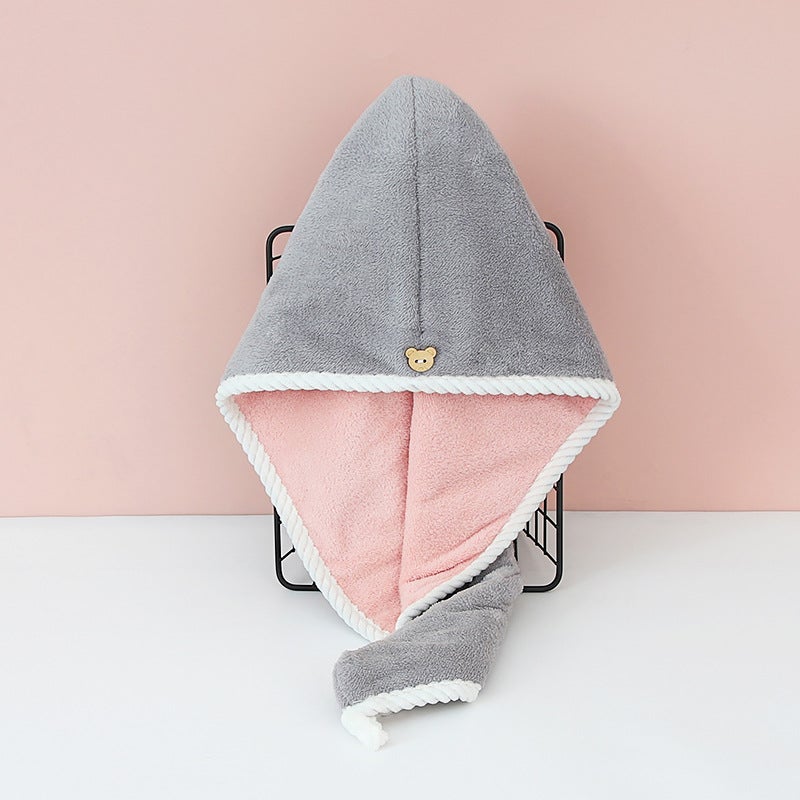 Generic Double-Layer Coral Fleece Hair-Drying Cap Gray powder 