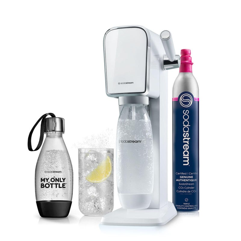 SodaStream  ART Sparkling Water Maker  STARTER KIT  CQC CO2 system  Includes 1x CO2 Cylinder 1x32  1x16 Fl Oz Dishwasher Safe Bottles 1x Bubly Flavor Drop  Combine with Pepsi Flavors  White