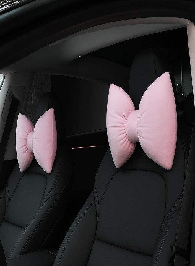 ماكاري وسادة رقبة للسيارة من قطعتين من ماكاري، مصنوعة من المخمل مع فيونكة، وسادة مسند رأس ناعمة ومريحة لدعم الرقبة، إكسسوارات سيارة لطيفة على شكل فيونكة للقيادة والسفر، كرسي السائق، ديكور داخلي أنيق بنمط أنثوي - Image 1