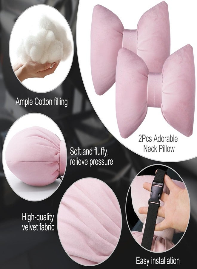 ماكاري وسادة رقبة للسيارة من قطعتين من ماكاري، مصنوعة من المخمل مع فيونكة، وسادة مسند رأس ناعمة ومريحة لدعم الرقبة، إكسسوارات سيارة لطيفة على شكل فيونكة للقيادة والسفر، كرسي السائق، ديكور داخلي أنيق بنمط أنثوي - Image 4