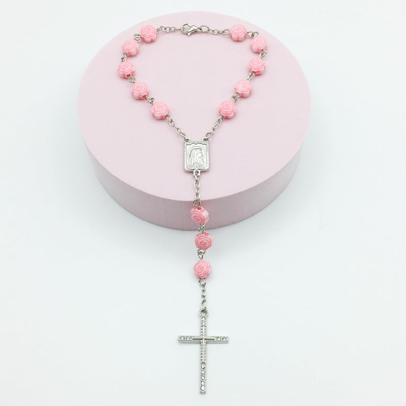 Yimido Pink Catholic Car Rosary â€“ 2PCS Hanging Rosary with Rose Beads and Sparkling Rhinestone Cross for Rearview Mirror, Mini Religious Charm for Women, Cute Car Accessories - Image 3
