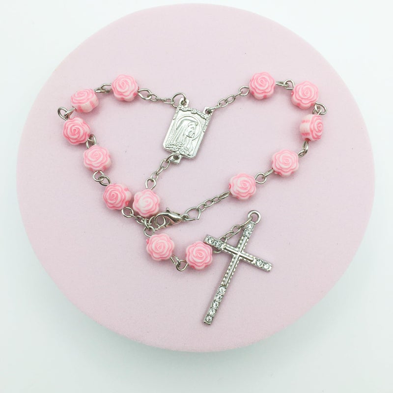 Yimido Pink Catholic Car Rosary â€“ 2PCS Hanging Rosary with Rose Beads and Sparkling Rhinestone Cross for Rearview Mirror, Mini Religious Charm for Women, Cute Car Accessories - Image 2