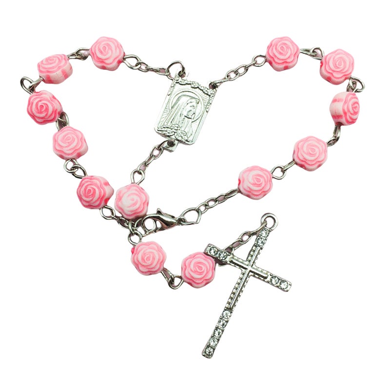 Yimido Pink Catholic Car Rosary â€“ 2PCS Hanging Rosary with Rose Beads and Sparkling Rhinestone Cross for Rearview Mirror, Mini Religious Charm for Women, Cute Car Accessories - Image 1