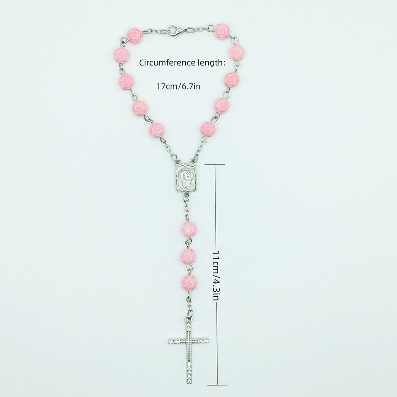 Yimido Pink Catholic Car Rosary â€“ 2PCS Hanging Rosary with Rose Beads and Sparkling Rhinestone Cross for Rearview Mirror, Mini Religious Charm for Women, Cute Car Accessories - Image 4