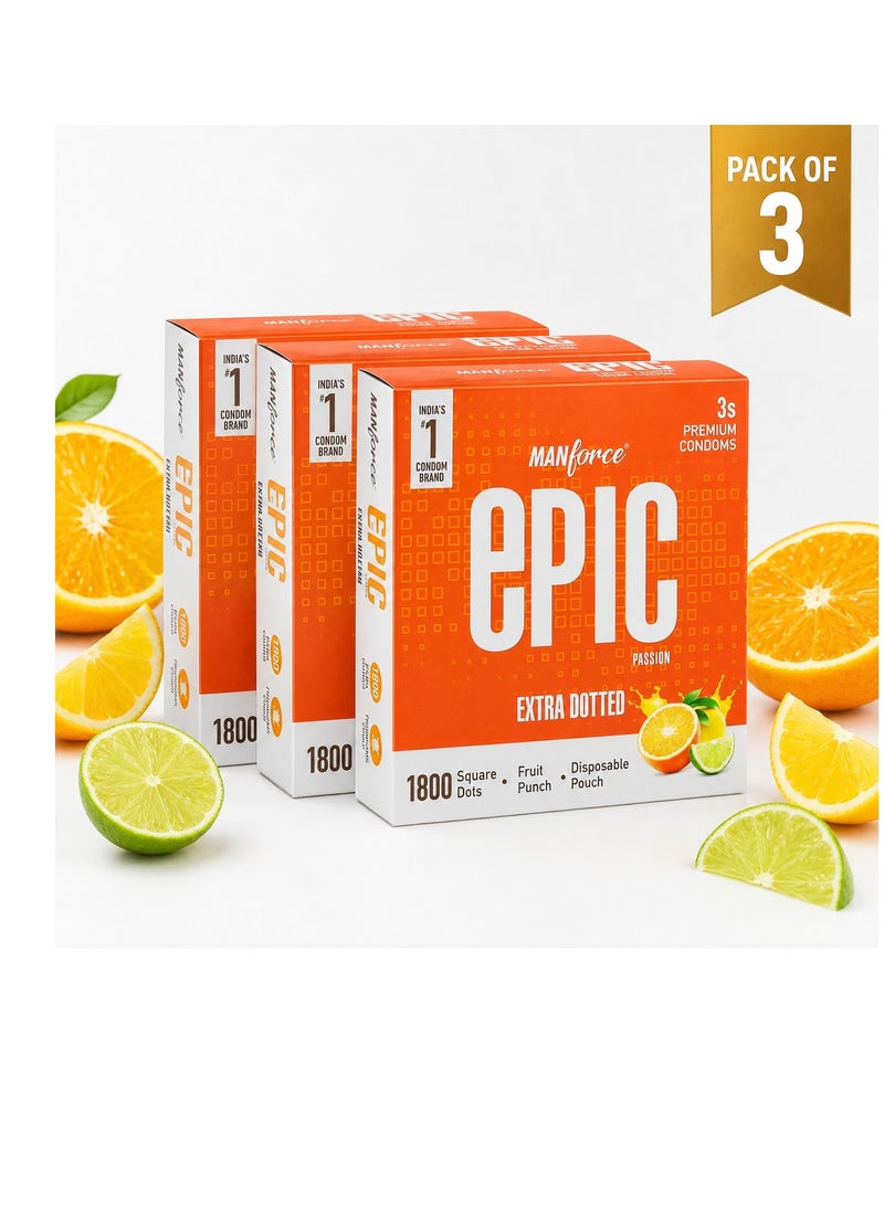 Mankind Manforce Epic Passion | Extra Dotted Condom for Intense Pleasure | Pack of 3 | Fruit Punch Flavour, 3 Pcs | With Disposable Pouch| Vegan | No Hard Chemicals| Super Thin| Lubricated Latex Condoms Bundle - Image 1