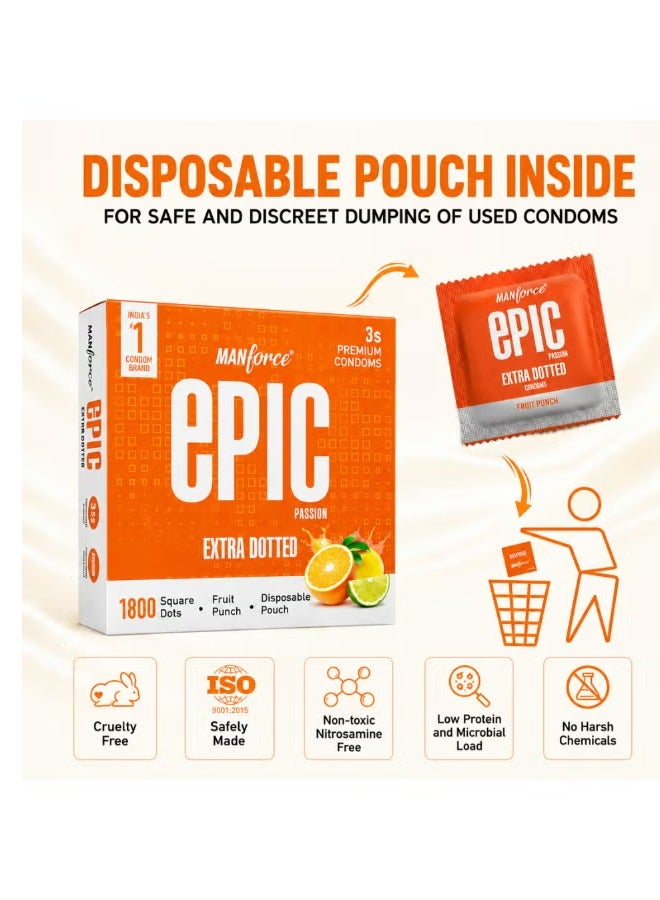 Mankind Manforce Epic Passion | Extra Dotted Condom for Intense Pleasure | Pack of 3 | Fruit Punch Flavour, 3 Pcs | With Disposable Pouch| Vegan | No Hard Chemicals| Super Thin| Lubricated Latex Condoms Bundle - Image 2