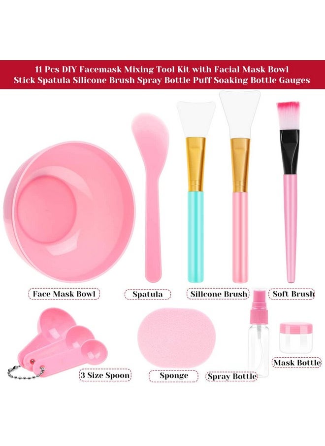 anezus Nezus 11 Pcs Diy Facial Mask Mixing Tool Kit With Bowl Stick Spatula Silicone Brush Spray Bottle Puff Soaking Bottle Gauges (Pink)  - Image 3