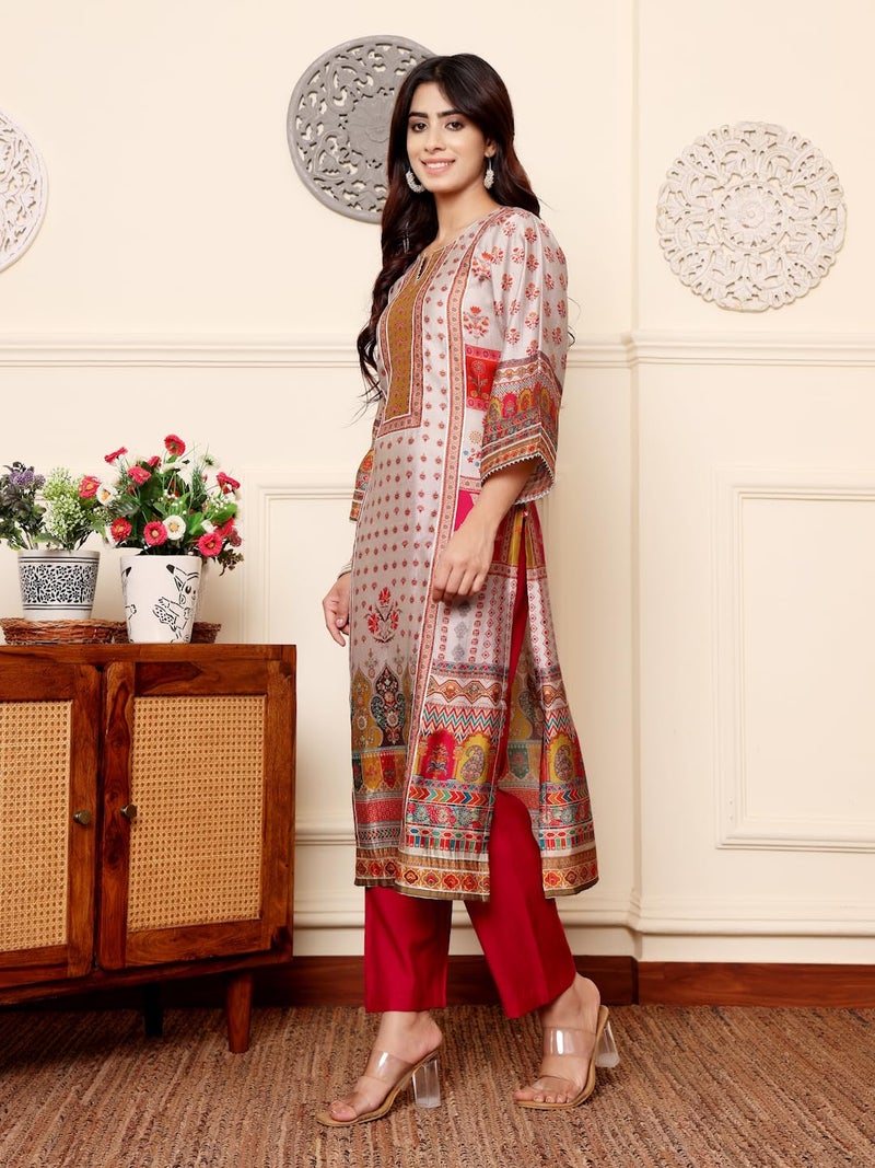 Varanga Women Grey Ethnic Floral Printed Gota Embellished Kurta with Solid Trouser – Stylish and Elegant Ethnic Set - Image 3