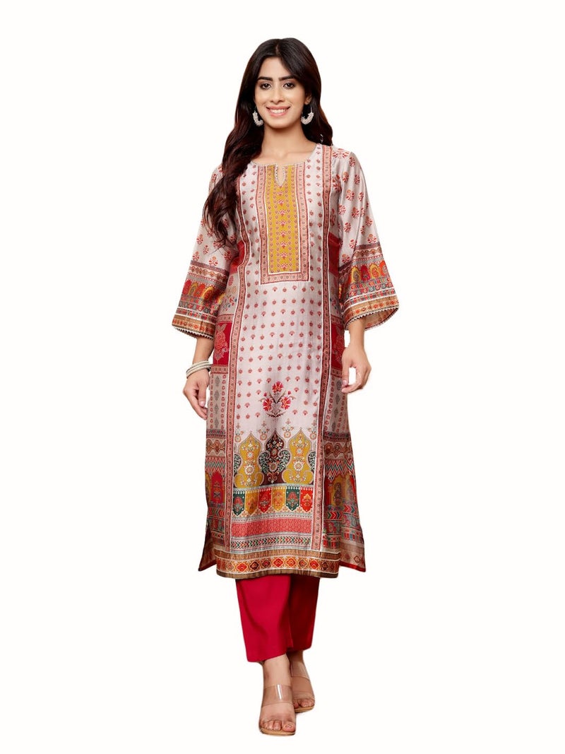 Varanga Women Grey Ethnic Floral Printed Gota Embellished Kurta with Solid Trouser – Stylish and Elegant Ethnic Set - Image 1