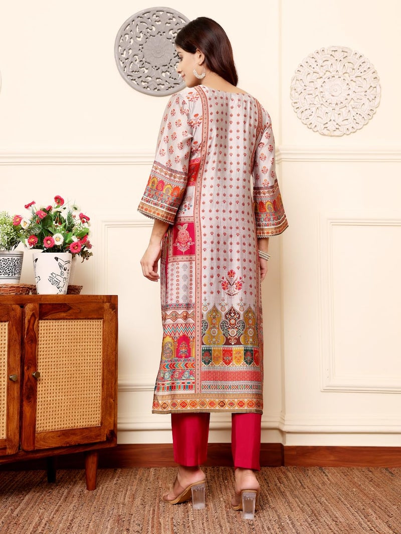 Varanga Women Grey Ethnic Floral Printed Gota Embellished Kurta with Solid Trouser – Stylish and Elegant Ethnic Set - Image 4