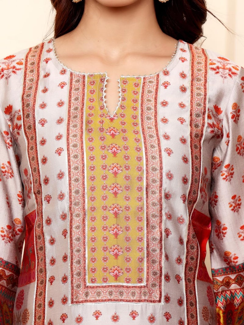 Varanga Women Grey Ethnic Floral Printed Gota Embellished Kurta with Solid Trouser – Stylish and Elegant Ethnic Set - Image 5