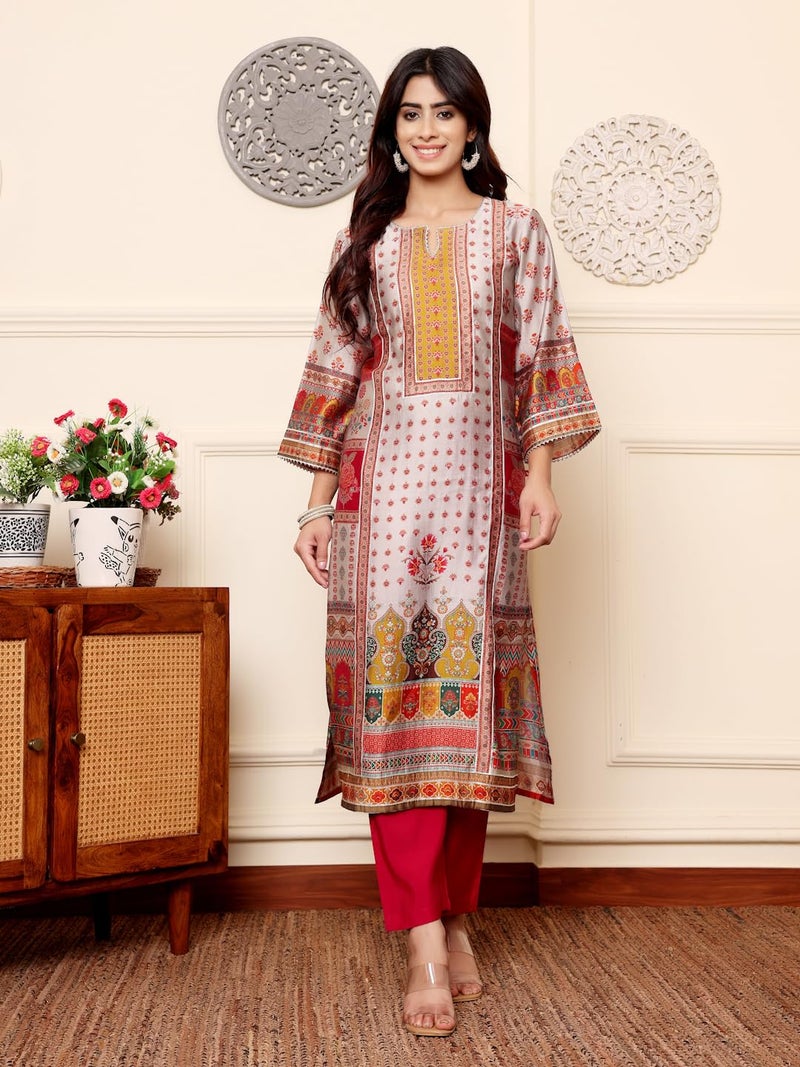 Varanga Women Grey Ethnic Floral Printed Gota Embellished Kurta with Solid Trouser – Stylish and Elegant Ethnic Set - Image 2