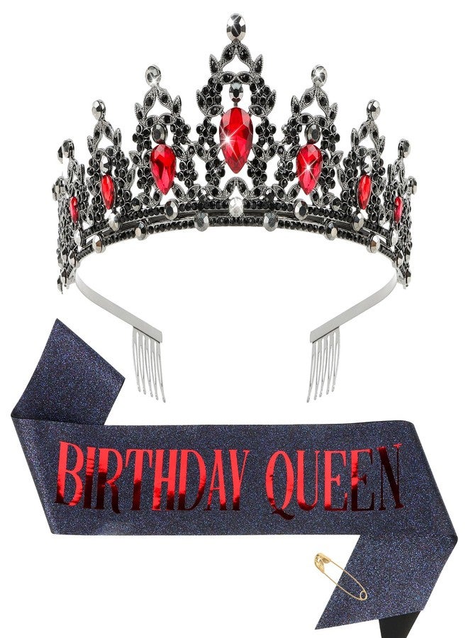 CIEHER Red and Black Birthday Decorations - Crystal Crown and Queen Sash Set, Tiara for Women, Vintage Queen of Hearts - Image 1