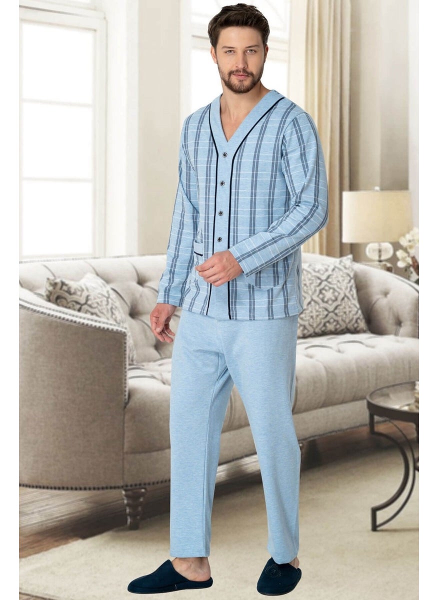 Mecit Pijama - Mecit 2767 Blue Front Buttoned Large Size Men's Pajama Set - Image 1