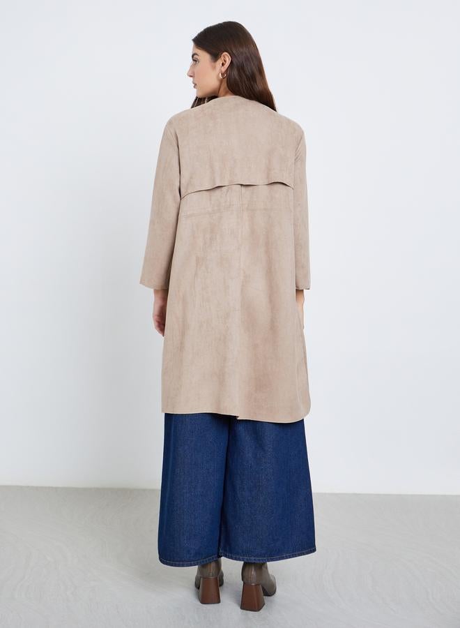 Styli Beige Longline Suede Look Loop Button Coat - Image 4
