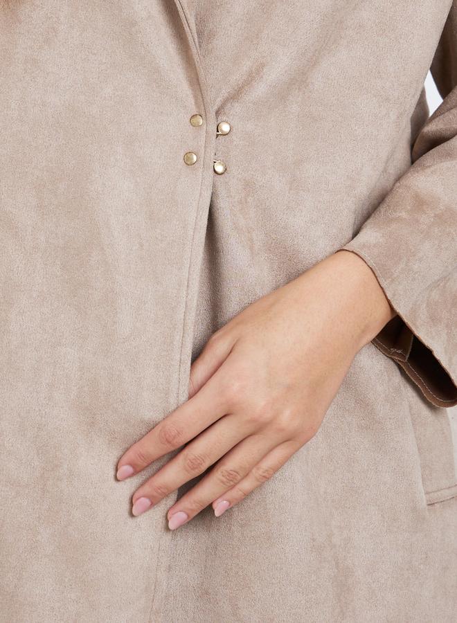 Styli Beige Longline Suede Look Loop Button Coat - Image 3
