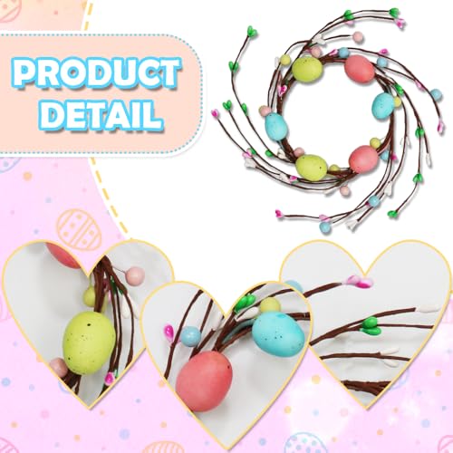 CCUUHJ 2 Pack Easter Egg Candle Rings Holder Wreaths Spring Egg and Pastel Pip Berry Candle Rings Candle Holder Mini Wreaths 4" Center for Easter Holiday Home Kitchen Table Centerpiece (Pastel) - Image 3