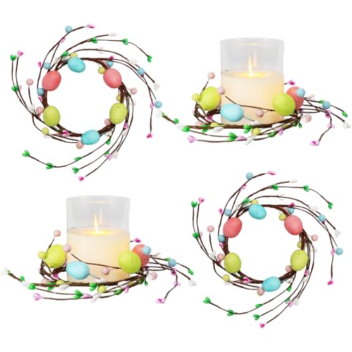 CCUUHJ 2 Pack Easter Egg Candle Rings Holder Wreaths Spring Egg and Pastel Pip Berry Candle Rings Candle Holder Mini Wreaths 4" Center for Easter Holiday Home Kitchen Table Centerpiece (Pastel) - Image 1