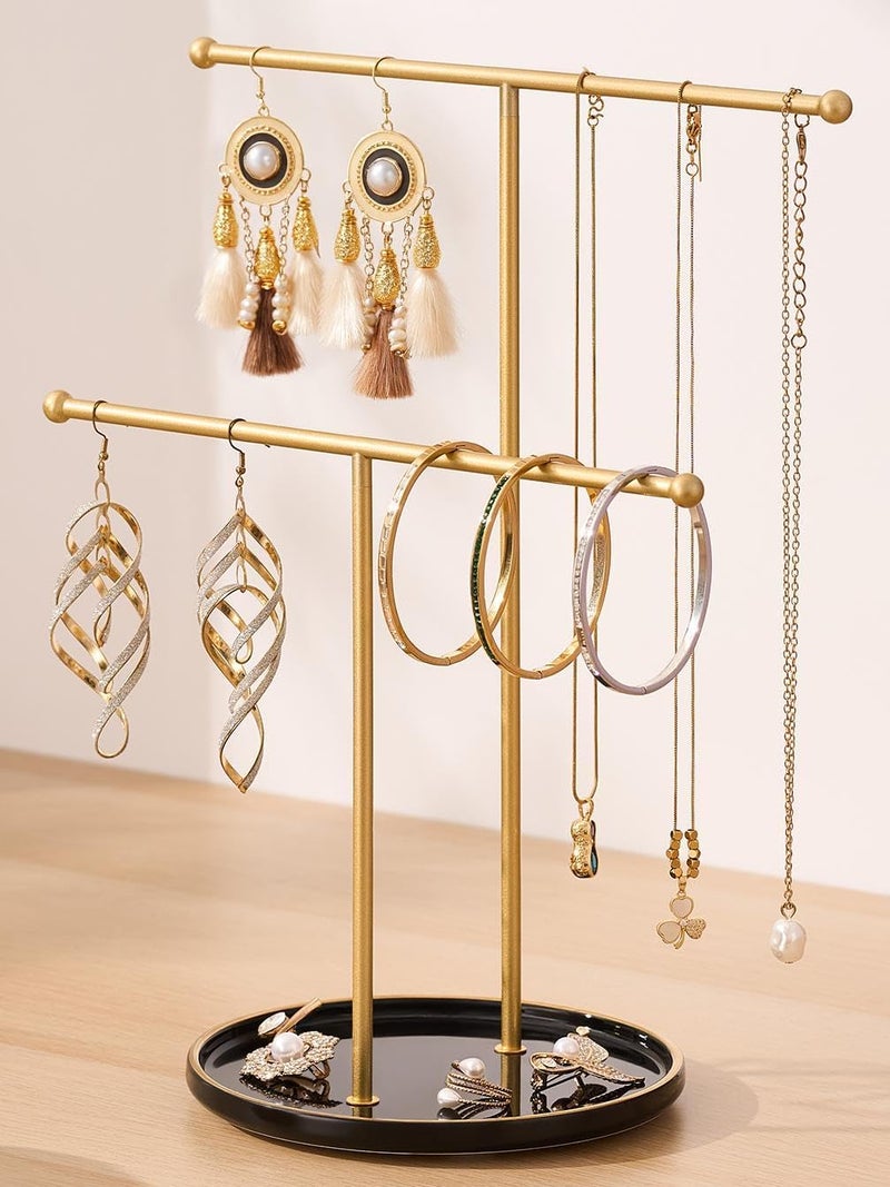 Josmimic Gold Jewelry Holder Stand with Ceramic Tray Small Hanging Necklace Organizer Tree for Earrings Bracelets Rings Jewelry Display Hanger for Women Girls Black - Image 2