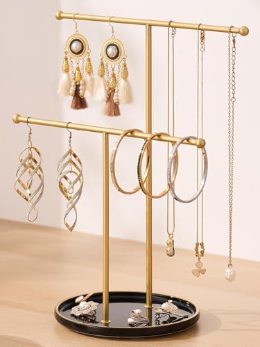 Josmimic Gold Jewelry Holder Stand with Ceramic Tray Small Hanging Necklace Organizer Tree for Earrings Bracelets Rings Jewelry Display Hanger for Women Girls Black - Image 1