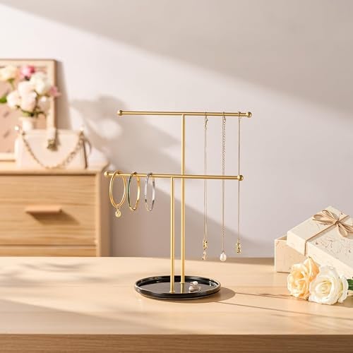 Josmimic Gold Jewelry Holder Stand with Ceramic Tray Small Hanging Necklace Organizer Tree for Earrings Bracelets Rings Jewelry Display Hanger for Women Girls Black - Image 3